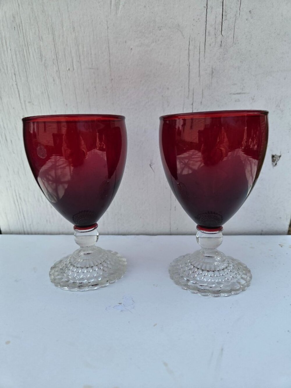 2 Anchor Hocking Ruby Bubble Foot Water Goblets "Boopie" Elegant Vintage Design